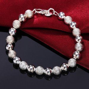 Elegant Festive Statement .925 Sterling Silver 8mm Christmas Ball Bead Bracelet